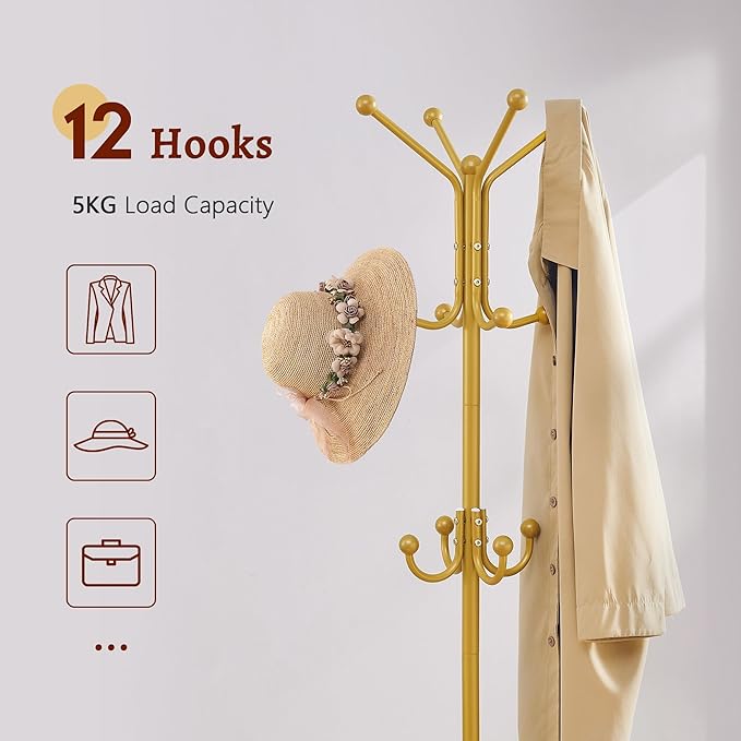 FAVOOSTY Coat Rack Freestanding,Coat Rack Stand with Umbrella Holder,Metal Coat Tree with 12 Hooks,Tree Clothes Hat for Entryway, Hallway, Bedroom, Living Room & Office -Glod