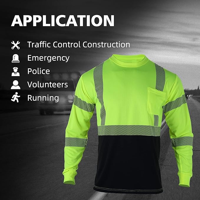 FONIRRA Safety Shirts for Men High Visibility Reflective ANSI Class 2 Hi Vis Construction Work T Shirts Long Sleeve