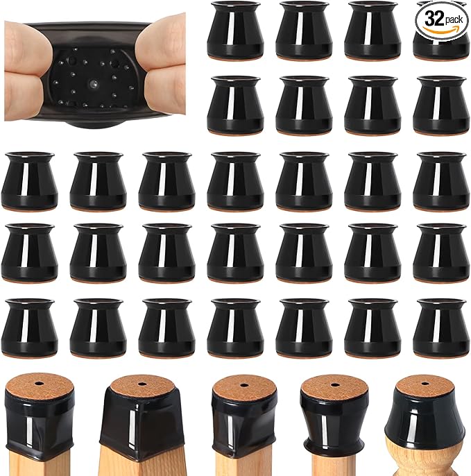 32 Pcs Chair Leg Floor Protectors for Hardwood Floors Silicone Covers to Protect Wood Tile Floors Felt Bottom Furniture Leg Caps Anti-Scratch Reduce Noise (Fit:0.9"-1.29")