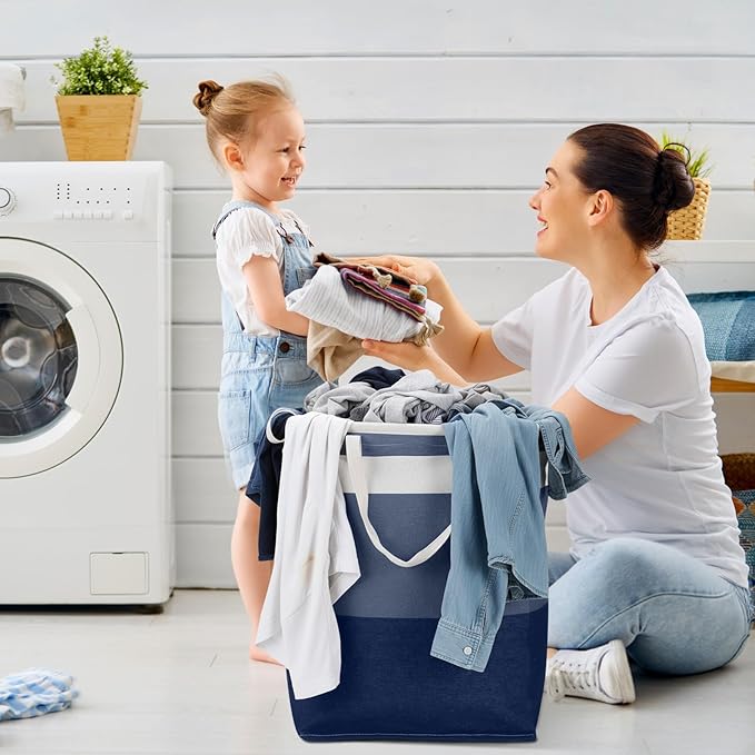 Foaincore 6 Pieces 75L Laundry Hamper Basket Organizer Large Laundry Bag Bulk Waterproof Collapsible Clothe Storage with Handles for Dorm Room Bedroom Towels (Dark Blue, White)
