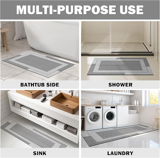 Non Slip Long Bathroom Runner Rug Bath Mat, Rubber Backing Ultra Thin Bathroom Rugs Fit Under Door Quick Dry Super Absorbent Washable Shower Mat for Bathtub Sink Floor, Grey 17"x59"