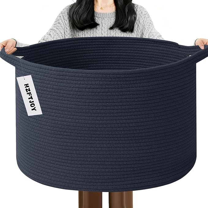 Large Storage Basket with Handle,19.7"L x 19.7"W x 13"H Blanket Basket Storage Bins for Organizing,65L Cotton Rope Woven Baskets for Living Room, Nursery,Bedroom,Dark Blue