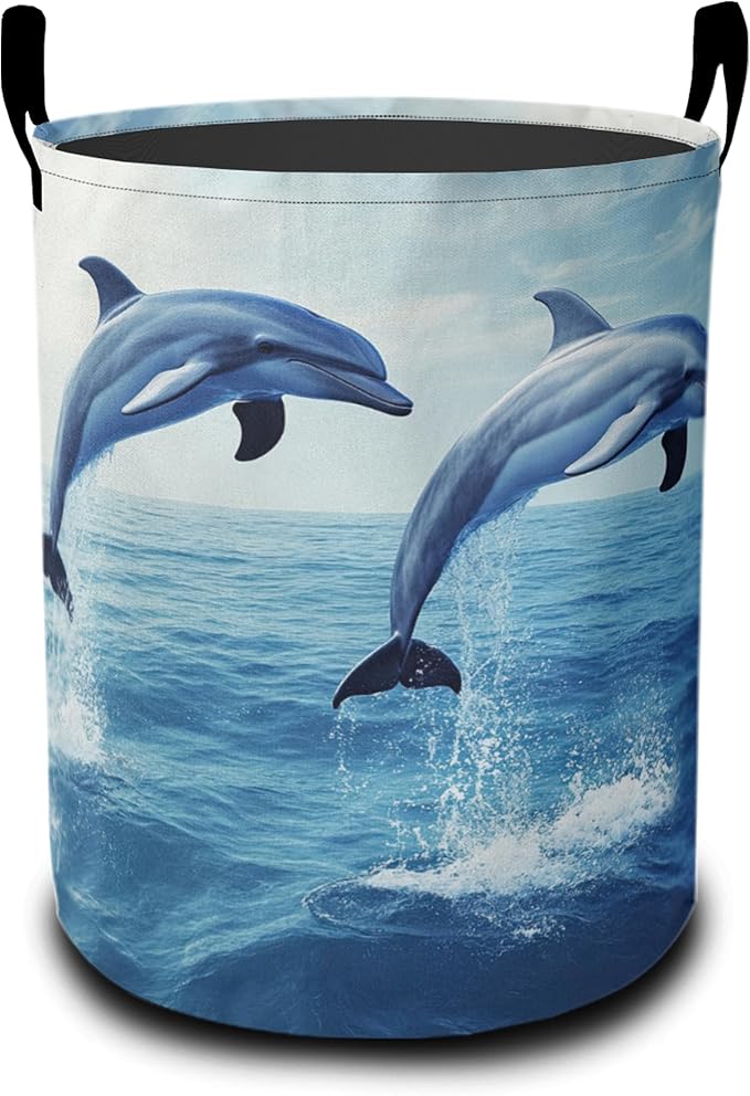 Laundry Basket,Dolphin Jump Large Canvas Fabric Lightweight Storage Hamper Organizer Dirty Clothes Collapsible Waterproof for College Dorms,Bathroom