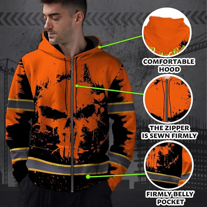 Maddly Hi Vis Reflective Zip Up Hoodie, High Visibility Safety Jacket with Skull Design for runner, worker, trucker, cyclist