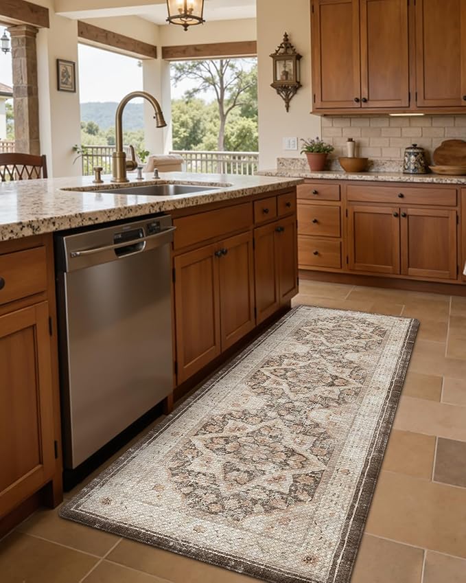 DEXI Kitchen Floor Mats Anti Fatigue, 23x59 Large Cushioned Vintage Runner Rug Waterproof, Standing Comfort Memory Foam Padded for Front Sink Laundry Office, Beige and Brown
