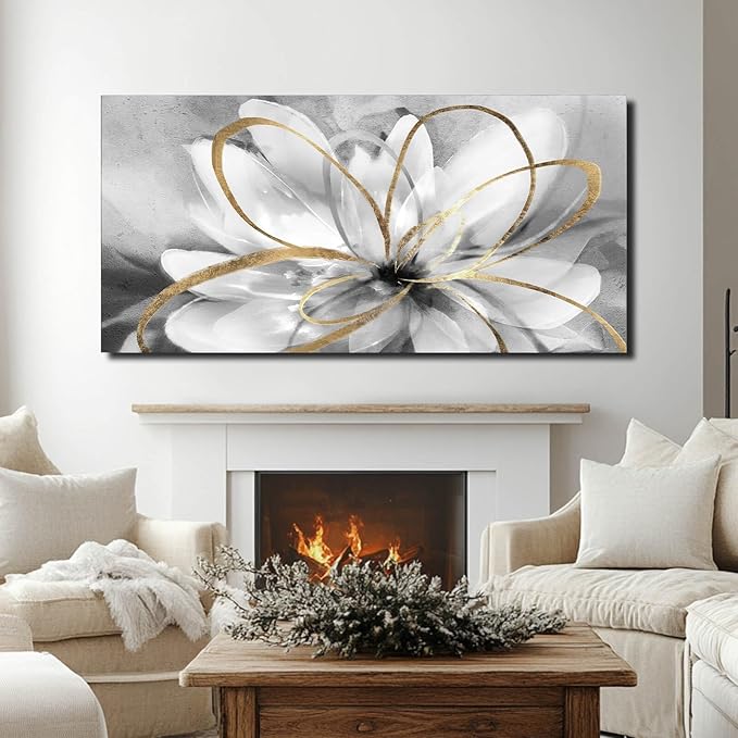 SOUGUAN Large Canvas Wall Art White Flower Painting 30x60 Inch Black Art for Living Room Bedroom Office Home Wall Accents