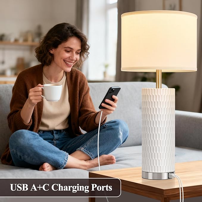 27.5" Ceramic Table Lamp, Table Lamp for Living Room with USB A+C Charging Ports, 3 Way Touch Control Table Lamps for Bedroom, Modern Bedside Lamp Set of 2, End Table Lamps, Bulbs Included White