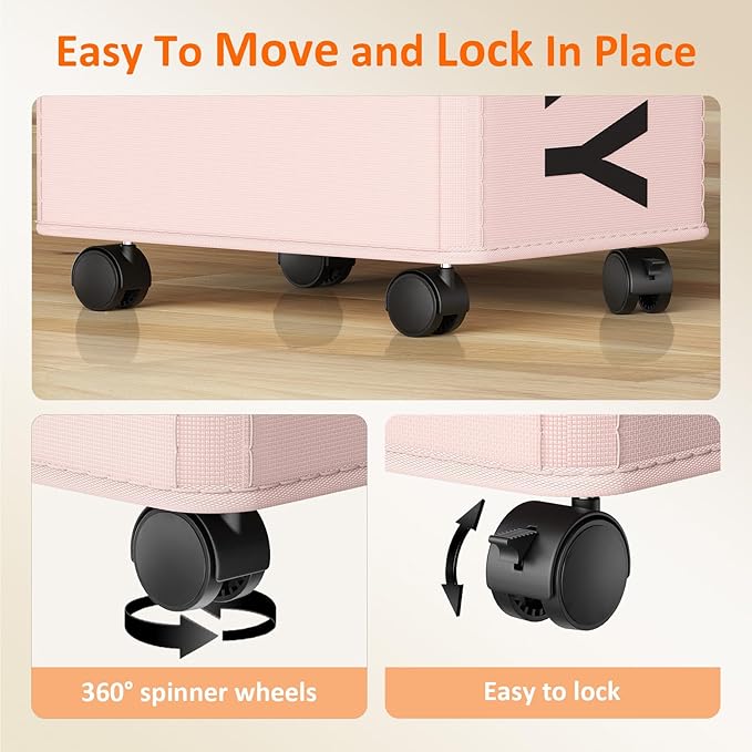 2 Pack Rolling Laundry Basket with Wheels, 90L Hamper with Wheels and Removable Mesh Bag, Pink Laundry Baskets on Wheels for Bedroom, Dorm, Clothes Hamper Organizer
