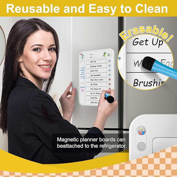 Magnetic Chore Chart for Kids, ADHD Task Tracker Easy-Check Routine Dry Erase Board, to-Do List Planning Tool with Stand for Fridge/Desk/Home/School, 6 Reusable Sheets, 3 Markers