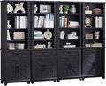 72in Tall Bookshelf 7 Tier Bookcase with Drawer and Barn Doors and Adjustable Shelves, Black Farmhouse Book Shelf with Storage Cabinet, Wood Freestanding Display Bookshelves for Kitchen (4PCS)