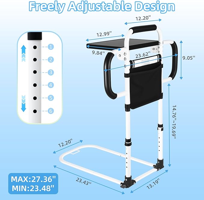Bed Rails for Elderly Adults Safety: 90° Foldable Bed Assist Rails for Seniors w/Tray & Sensor Light, Adjustable Height Bedside Support Rail with 3 Handles, Storage Pocket, Heavy Duty 350lb