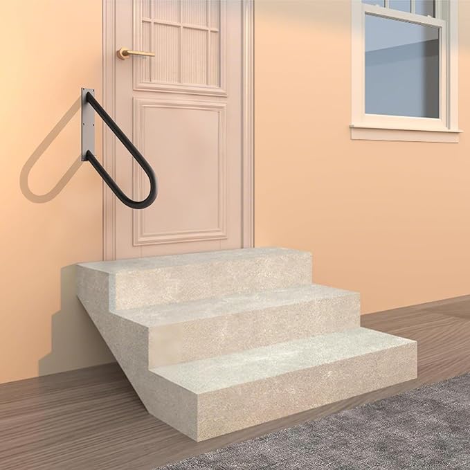 Handrails for Outdoor Steps Wall Mount, Railings for 1-2 Steps, U-Shaped Handrail with Matte Black Finished, Stair Handrails for Garage, Porch, Yard and Garden (18" Length, 1.25" Pipe)