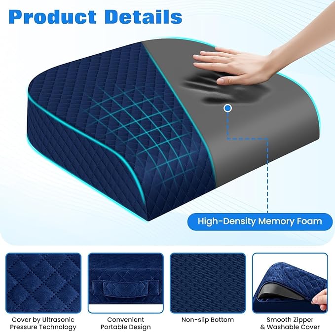 Seat Cushion, Memory Foam Chair Pad, Non-Slip Cushion for Office, Home, Car, Large Desk Chair Cushion, Washable Cover & Handle, Large, Blue