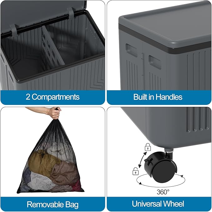 120 L Collapsible Plastic Double Laundry Hamper with Wheels and Removable Bags, Gray, 1 Pack