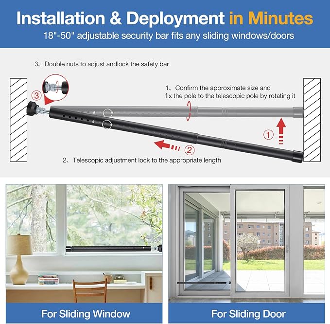 Sliding Door Security Bar, 2 Pack 18"-50" Adjustable Window Security Bars with Rubber Tips, Heavy Duty Door Jammer, Window Bars Security Inside, Window Lock Bar for Home Apartment Travel Patio (Black)