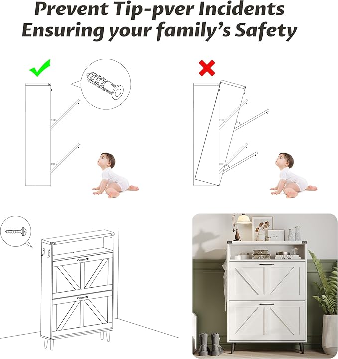 Shoe Cabinet with 2 Flip Drawers & Open Storage,Farmhouse Shoe Storage Cabinet for Entryway,Freestanding Narrow Organizer Rack with Legs,Foyer,Hallway,White