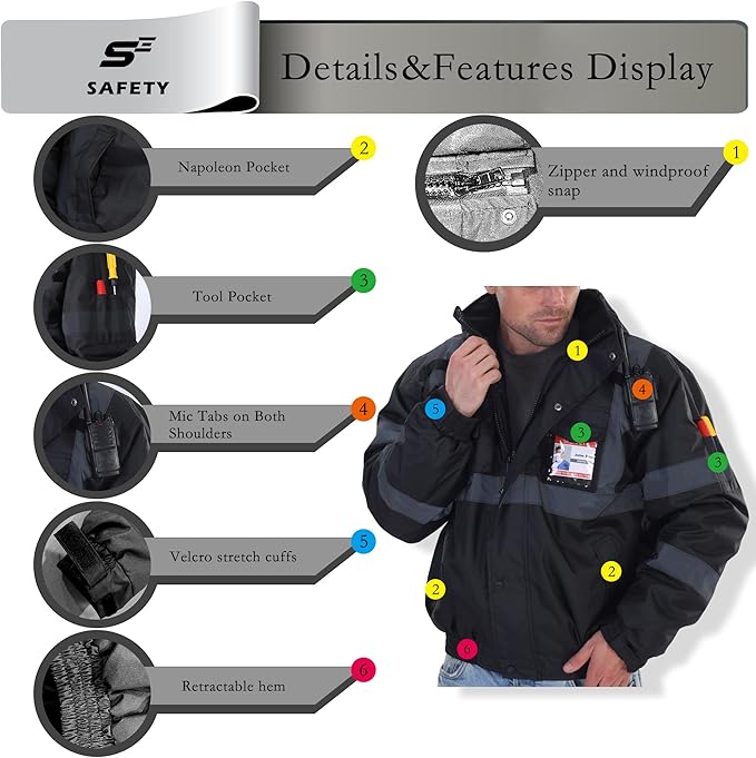 sesafety Reflective Jacket for Men, High Visibility Jackets, Safety Jackets for Men, Hi Vis Construction Bomber Jackets Waterproof with Pockets and Zipper, Black Bottom, Class 3