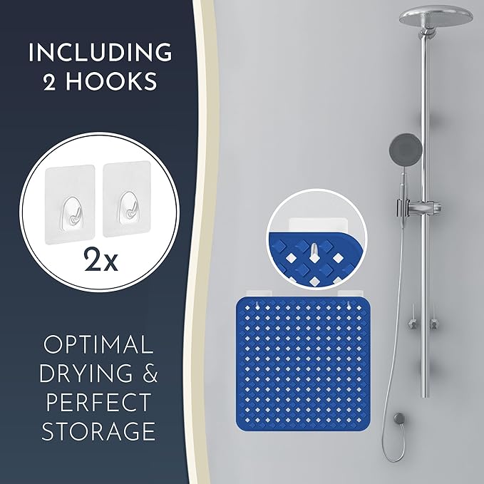 homerella® Shower Mat Non Slip Anti Mold, Non Slip Shower Mats for Inside Shower Stall Anti Slip Mat, Square Shower Floor Mat 21 x 21 in with Suction Cups & Hooks for Quick Drying, Machine Washable