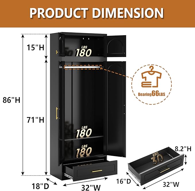 Metal Armoire Wardrobe Closet witih Drawer, Freestanding Wardrobe Cabinet with Hanging Rod, Clothing Storage Cabinet with Doors for Bedroom, 18" D x 32" W x 86" H, Black, Assemble Required