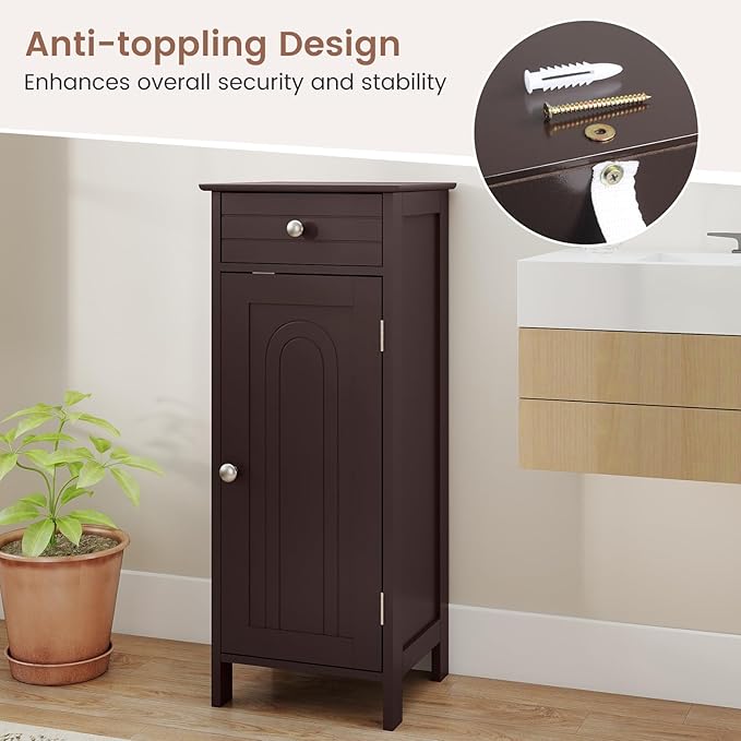 GLACER Floor Storage Cabinet, Multifunctional Freestanding Bathroom Storage Cabinet with 2 Adjustable Shelves, Ideal for Bathroom, Living Room, 14 x 12 x 34.5 inches (Brown)