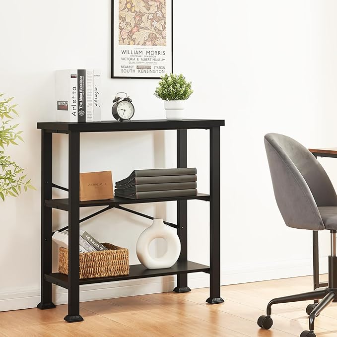 HOMBAZAAR 3 Tier Bookshelf,Black Industrial Book Shelf,Engineered Wood and Metal Deep Bookcases,Low Shelf Bookcase for Living Room,Office,Bedroom and Kitchen