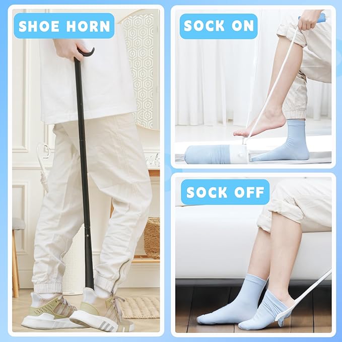 3 in 1 Sock Aid Device Kit, Hip Kit, Knee Back Surgery Hip Replacement Recovery Kit with Sock Aide, Sock Remover, Shoe Horn with Dressing Stick, Sock Helper and Shoe Assistant for Seniors No Bending