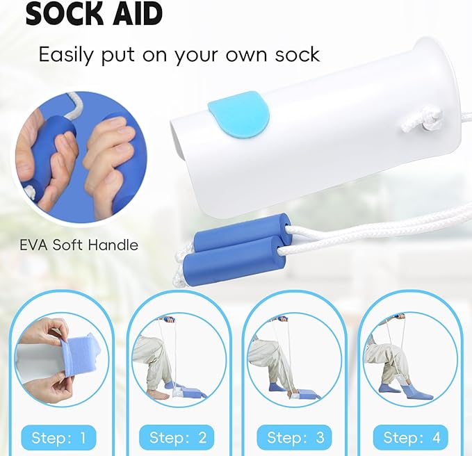 3 in 1 Sock Aid Device Kit, Hip Kit, Knee Back Surgery Hip Replacement Recovery Kit with Sock Aide, Sock Remover, Shoe Horn with Dressing Stick, Sock Helper and Shoe Assistant for Seniors No Bending