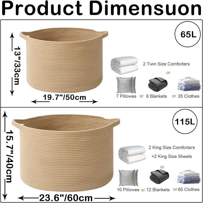 Large Storage Basket with Handle,19.7" L x 19.7" W x 13" H Blanket Basket Storage Bins for Organizing,65L Cotton Rope Woven Baskets for Living Room, Nursery ,Bedroom,Camel