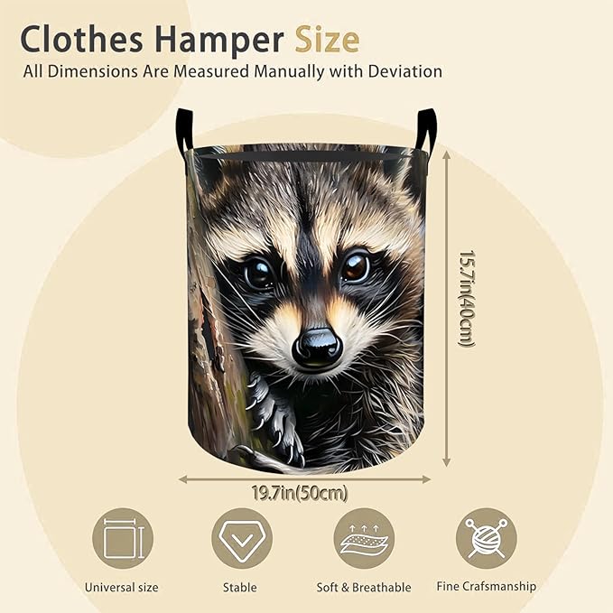 Cute Raccoon Laundry Basket Hamper for Boys Girls Kids Adults, Foldable Waterproof Oxford Clothes Storage Bin, Animal Forest Organizer for Bedroom Bathroom Room Decor 19.7"x15.8"