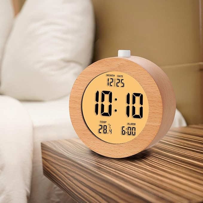 Plumeet Wooden Digital Alarm Clock for Bedrooms, Wood 4'' Battery Powered Alarm Clock with Snooze and Nightlight, Electronic LCD Desk Clock Display Time, Date, Temp, 12/24H, Wood Décor, Round, Brown