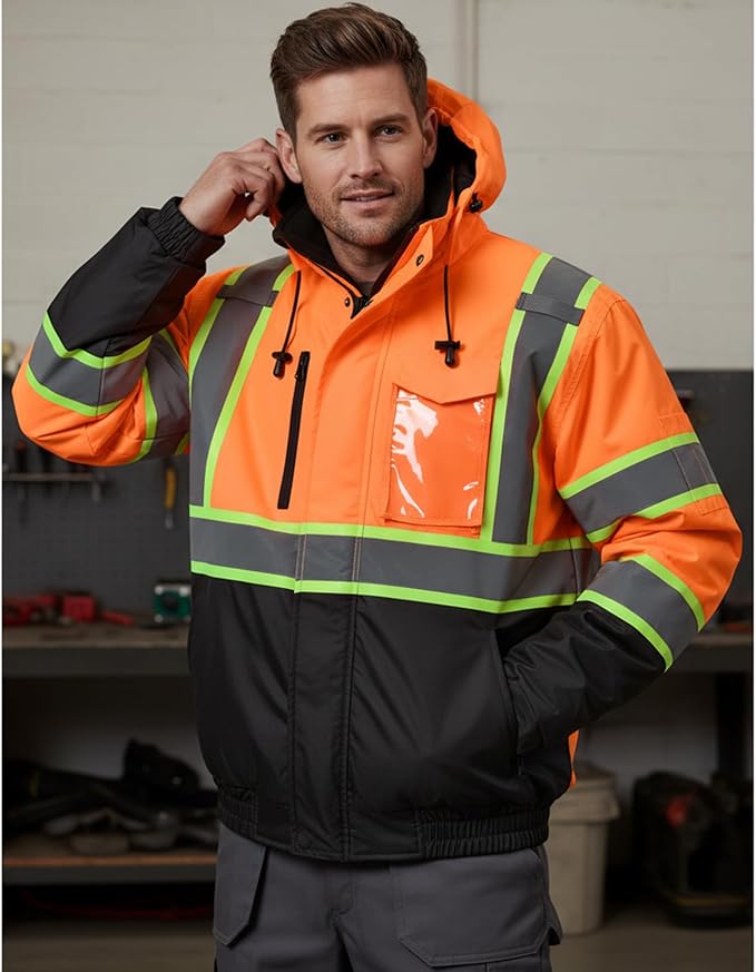 sesafety Reflective Jacket for Men, High Visibility Jackets, Safety Jackets for Men, Hi Vis Construction Bomber Jackets Waterproof with Pockets and Zipper, Black Bottom, Class 3