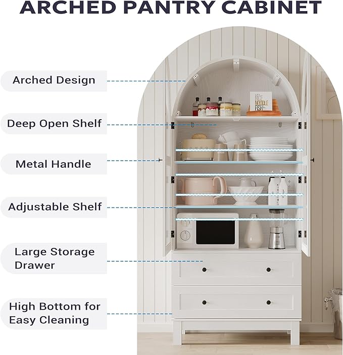 71" Tall Arched Kitchen Pantry, Kitchens Pantry Storage Cabinet with 2 Large Drawers and Adjustable Shelves, Modern Farmhouse Versatile Cupboard for Kitchen, Dining Room, Bathroom, White