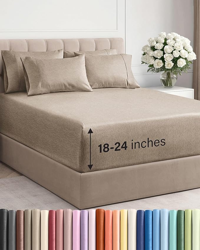 Extra Deep King Sheet Set - 6 Piece Breathable and Cooling Sheets - Hotel Luxury Bed Sheets Set - Easy Fit - Soft, Wrinkle Free and Comfy Sheets Set - Heathered Beige Sheet Set with Extra Deep Pockets
