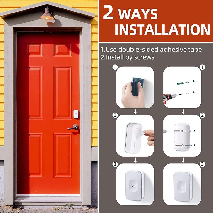 Wireless Doorbell Waterproof 1200 feet Door Bell with 2 Buttons with Different Tones Operating at 36 Melodies 4 Volume levels Flash Light 1 Receiver 2 Button White JSIEEM