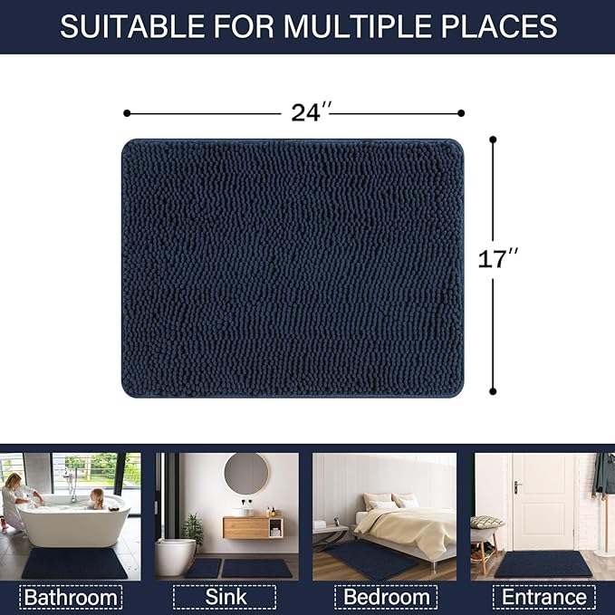 LOCHAS Luxury Bathroom Rug Shaggy Bath Mat 24 x 17 Inch, Washable Non Slip Bath Rugs for Bathroom Shower, Soft Plush Chenille Absorbent Carpets Mats, Navy
