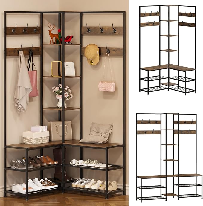 GiftGo Corner Hall Tree with Shoe Rack Storage Bench Display Open Shelves Modern Industrial Entryway Coat Rack Stand for Home Living Room Mudroom Bedroom Multifunctional 5 in 1 (Rustic Brown)