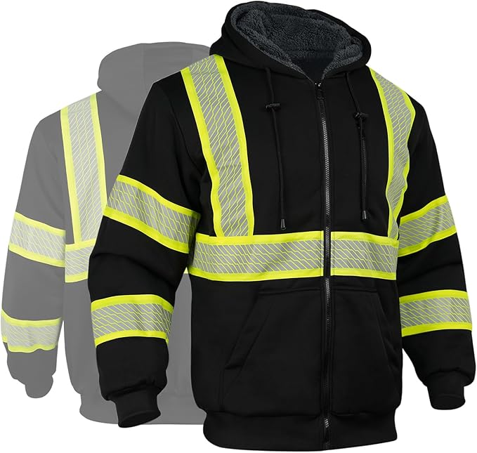 Hi Vis Hoodie Reflective Safety Jacket for Men,Class 3 High Visibility Sweatshirt Zipper for Work Construction