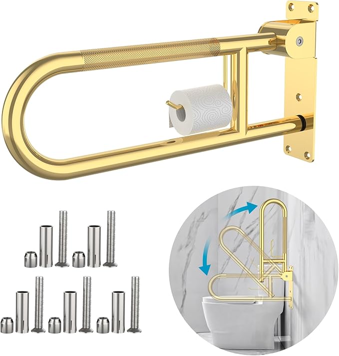 Toilet Grab Bar 22.4 Inch Gold, Munzong Anti-Slip Handicap Grab Bars with Paper Holder, Flip-Up Bathroom Safety Rails, Stainless Steel Knurled Support handrails for Seniors Elderly Disabled Pregnant