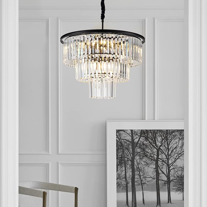 12 Lights 23.64" Black Modern Crystal Chandelier Crystal Pendant Ceiling Light Fixture 3-Tier Hanging Lighting for Dinning Room Bedroom Living Room Foyer