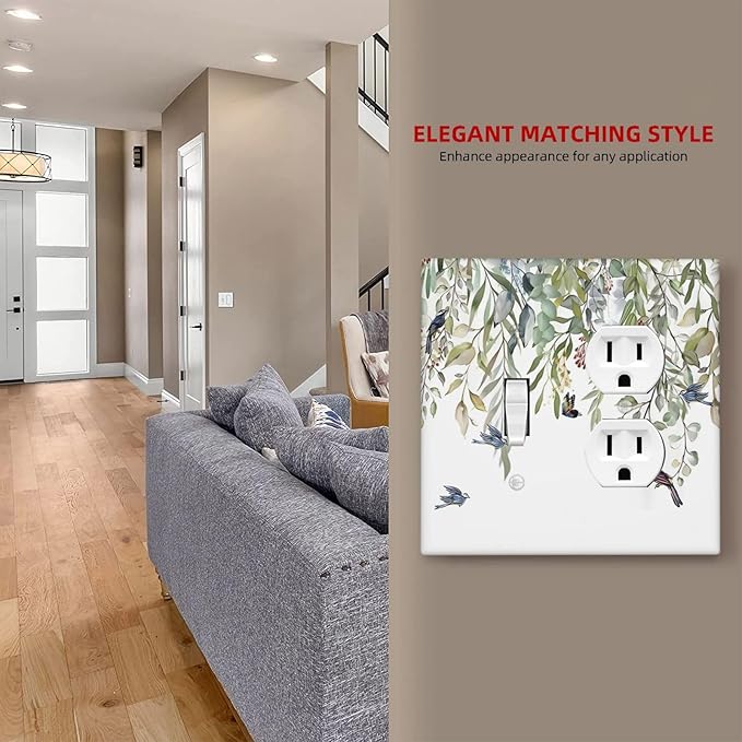 Green Leaf Eucalyptus Leaves Floral Bird Butterfly Wallplates 1 Toggle 1 Duplex Switch Plate Electrical GFCI Faceplate Decorative Light Switch Covers for Bed Room Living Room Decor