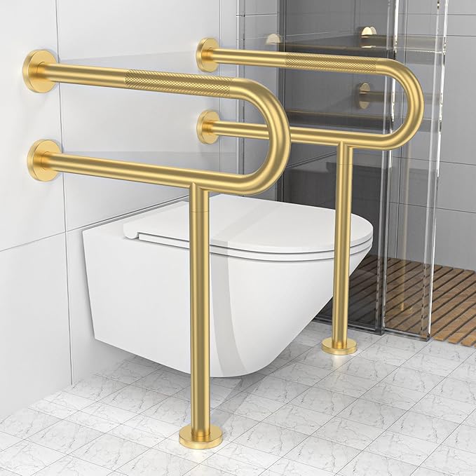 Toilet Support Rail 23.4X 28 Inch, Munzong Anti-Slip Gold Handicap Grab Bar for Bathroom, Stainless Steel Knurled Safety handrails with Leg for Elderly Disabled Pregnant-1.25’Tube