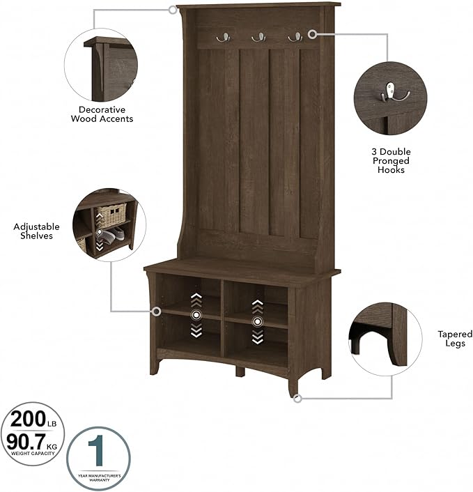 Bush Home Salinas Hall Tree with Shoe Storage Bench in Ash Brown, Multi-Purpose Home Organizer, Entryway Solution with Seating and Hooks