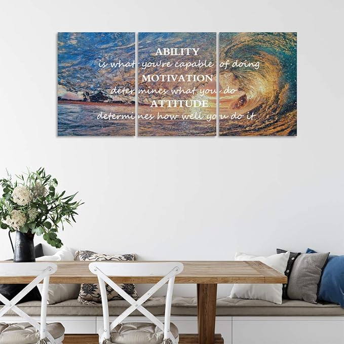 Inspirational Posters Motivational Wall Art Canvas Painting Sunrise Blue Sea Ocean Natural Landscape Wall Decor Sunset Ocean Beach Wall Art Poster Seascape Prints Artwork Wooden Framed - 36" Wx16 H
