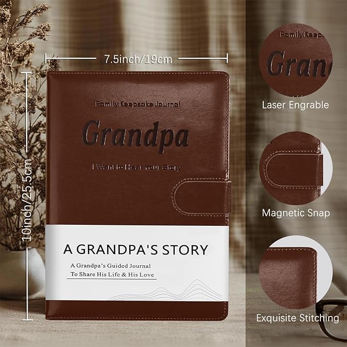 Artmag Grandpa's Life Story Journal with 250+ Prompt Questions, Family Keepsake Book Leather Cover for Grandpa to Share His Memories for Birthday Father's Day Christmas (Brown)