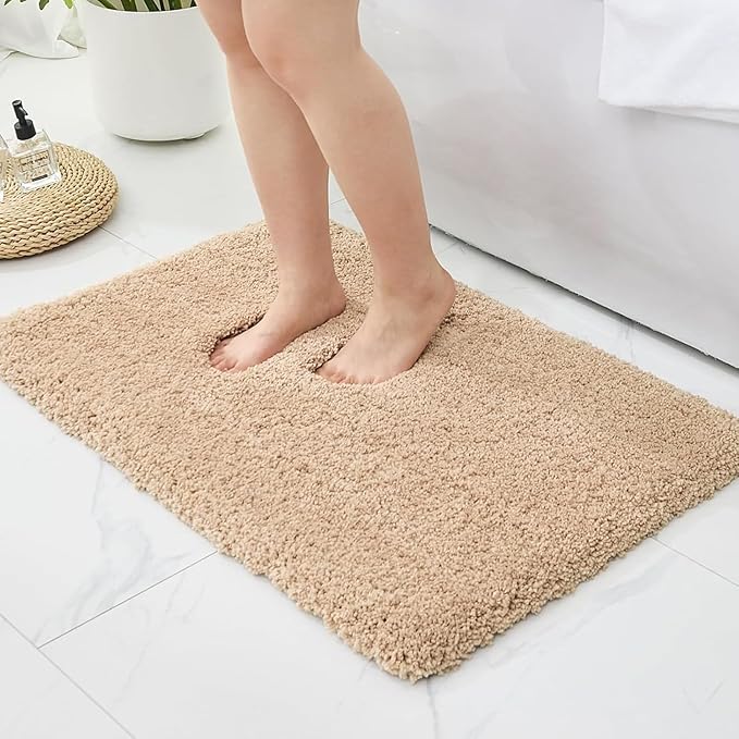 Bathroom Rugs, Ultra Thick Shaggy Soft Microfiber Absorbent Bath Rug, High Density Foam Latex Non Slip Backing, Machine Washable Bath Mats for Bathroom Floor & Sink 24x17, Beige