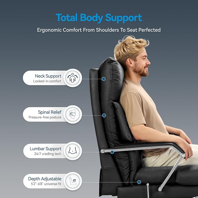 Reclining Office Chair with Footrest - 25.6" Wide Seat & Adjustable Seat Depth, Big and Tall High Back Leather Executive Home Office Desk Chair 400lbs, Black
