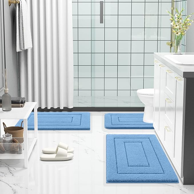 Buganda Bathroom Rugs, 30" x 20", Soft and Absorbent Microfiber Bath Rugs, Non-Slip Shaggy Shower Carpet, Machine Wash Dry Bath Mats for Bathroom Floor, Tub and Shower, Blue