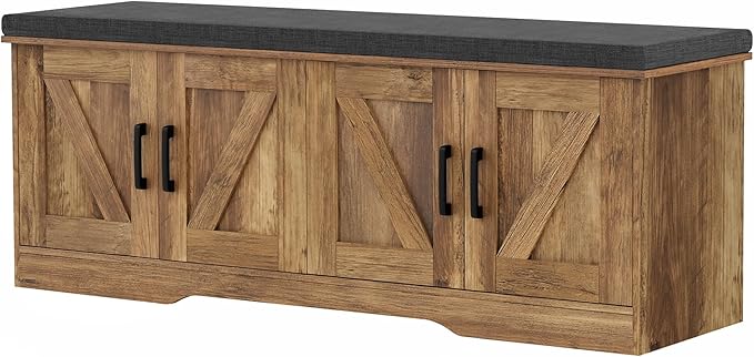 2-Tier Storage Bench, 47.2" Wide Shoe Bench with Padded Seat Cushion, Entryway Bench with 4 Barn Doors and Adjustable Shelf, Rustic Walnut