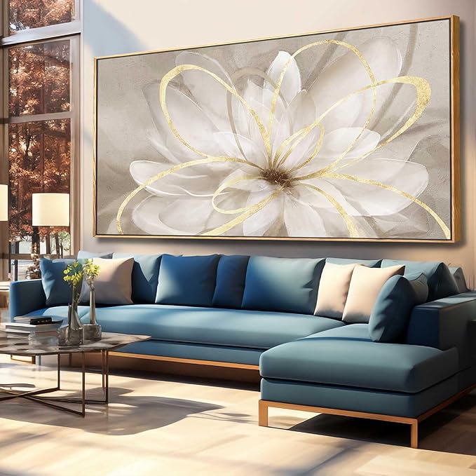 SOUGUAN Room Decor Large Canvas Wall Art Living Room Decor Gold Wall Decor Line Picture Artwork White Floral Wall Decor Modern Painting for Bathroom Bedroom Office 30x60 Inches
