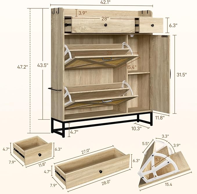 Shoe Cabinet with 2 Flip Cabinets & Side Cabinet, Shoes Cabinet with Adjustable Shelves, Shoe Storage Organizer for Entryway, Hallway Living Room, Space-Saving, Rustic Oak